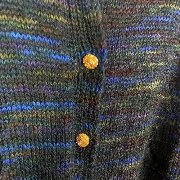 Vintage Handknit  Gold Button  Collared Open Knit Cardigan Sweater Shoulder Pad - Picture 4 of 4